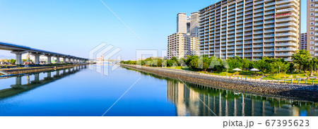 御島水域の朝風景（アイランドシティ）　パノラマ　【福岡市東区】 67395623