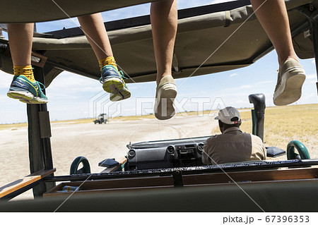 A safari vehicle, one person in the driving seat and two sets of dangling legs of passengers on the observation platform. 67396353