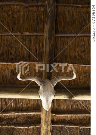 An animal skull with curved horns on a beam under a roof. An animal skull with curved horns on a beam under a roof. 67396354