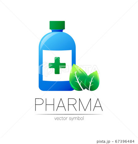 Pharmacy vector symbol with blue bottle and cross, green leaf for pharmacist, pharma store, doctor and medicine. Modern design vector logo on white background. Pharmaceutical icon logotype . Health Pharmacy vector symbol with blue bottle and cross, green leaf for pharmacist, pharma store, doctor and medicine. Modern design vector logo on white background. Pharmaceutical icon logotype . Health 67396484