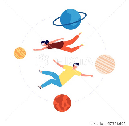 Virtual space travel. People vr glasses flying between planets. Augmented Reality, modern video games or interactive entertainment. Vector illustration 67398602