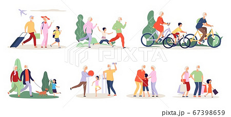 Grandparents and grandchildren. Old people activity with boy girl. Travel ride bicycle doing sport exercices vector illustration 67398659