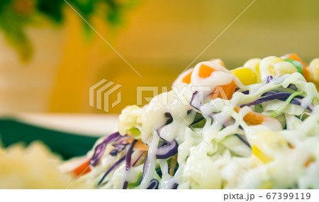 Vegan Salad with Mayonnaise Topping on Right Frame in Vintage Tone 67399119