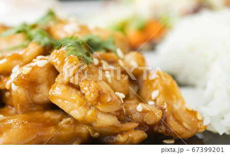Fried Chicken with Garlic and Pepper and Rice on Left Frame Fried Chicken with Garlic and Pepper and Rice on Left Frame 67399201