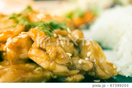 Fried Chicken with Garlic and Pepper and Rice on Left Frame in Vintage Tone Fried Chicken with Garlic and Pepper and Rice on Left Frame in Vintage Tone 67399203