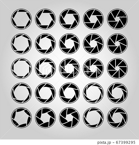 Camera lens diaphragm. Shutter aperture pictogram, optical lenses. Collection of photo camera snap optics with different position of petals. Outline vector isolated collection 67399295