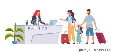 Family at hotel reception. Check into hostel tourists, guests with suitcases, registration service. Woman man and child booking room. Travellers in lobby vector flat concept Family at hotel reception. Check into hostel tourists, guests with suitcases, registration service. Woman man and child booking room. Travellers in lobby vector flat concept 67399332