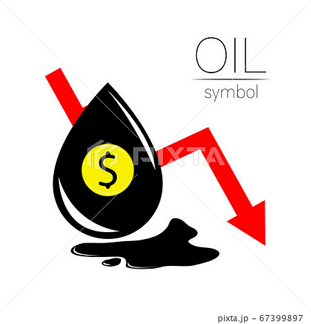 Vector sign of spot liquid oil. Statistics dollar down, global financial crisis. Black symbol petroleum isolated on white background. Industry of exploration 67399897