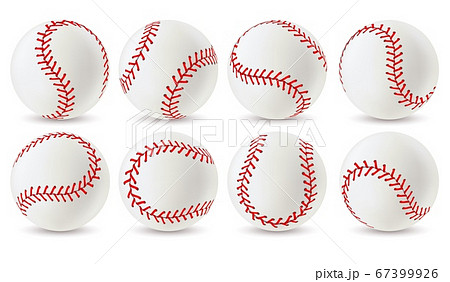 Baseball ball. Leather white softball with red lace stitches, sport equipment for game. Athletic balls with seams realistic vector set 67399926