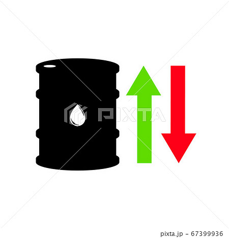 Vector sign of oil. Statistics up and down, global financial crisis. Black symbol petroleum isolated on white background. Barrel silhouette and spot liguid. Industry of exploration 67399936