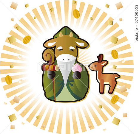 年賀状 21 丑年 牛の七福神 寿老人 イラスト素材のイラスト素材