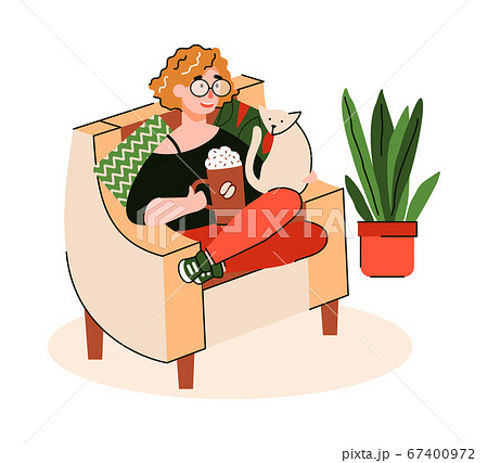 Woman enjoying coffee in comfy chair, cartoon vector illustration isolated. 67400972