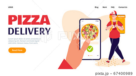 Pizza delivery service website banner. Hand with smartphone ordering food Pizza delivery service website banner. Hand with smartphone ordering food 67400989