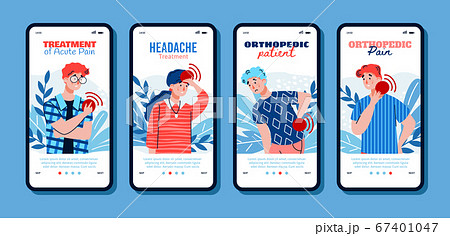 Mobile application pages advising to treat a pain cartoon vector illustration. Mobile application pages advising to treat a pain cartoon vector illustration. 67401047