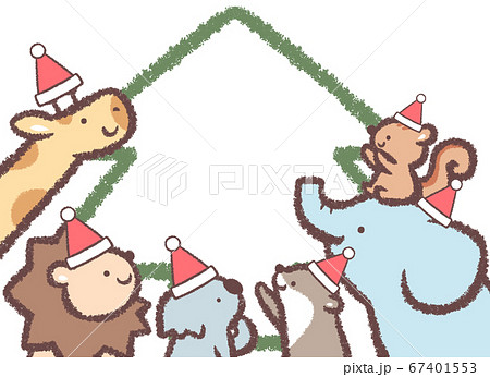 クリスマス見上げる動物たちのツリーフレーム 67401553