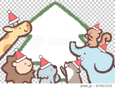 クリスマス見上げる動物たちのツリーフレーム 67401553