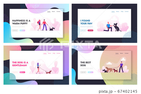 People Spend Time with Pets Outdoors Website Landing Page Set. Characters Walking and Playing with Dogs Relaxing Open Air 67402145