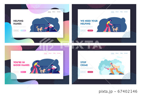People Adopting Homeless Dog from Shelter or Kennel Website Landing Page Set. Private Investigator in Classic Hat and Cloak at Work Solving Robbery Web Page Banner. Cartoon Flat Vector Illustration 67402146