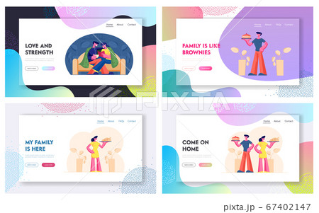 Home Food and Family Weekend Spare Time Website Landing Page Set. Happy Male and Female Characters Cooking and Spending Time Together Reading Book. Web Page Banner. Cartoon Flat Vector Illustration 67402147