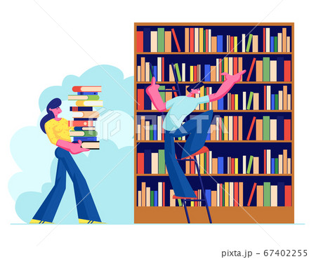 Woman and Man in Library Reading and Searching Books. Young People, Students, Spend Time in Athenaeum Room with Bookshelf 67402255