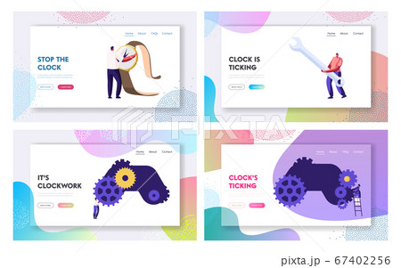 People Fixing Broken Clock or Watch Website Landing Page Set, Tiny Men and Women with Tools Repair Huge Gears and Cogwheels 67402256