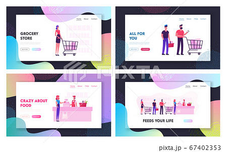People in Supermarket Website Landing Page Set. Customers Stand in Grocery Queue with Goods in Shopping Trolley People in Supermarket Website Landing Page Set. Customers Stand in Grocery Queue with Goods in Shopping Trolley 67402353
