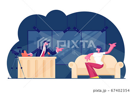 Tv Night Show with Guest. Female Celebrity Giving Interview to Television Presenter in Broadcasting Studio with Video Camera and Shooting Crew, Stage and Light Equipment. Cartoon Vector Illustration 67402354