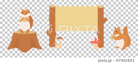 Illustration of a squirrel with walnuts and a wooden signboard (landscape) Illustration of a squirrel with walnuts and a wooden signboard (landscape) 67402681