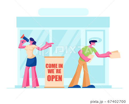 Friendly Promoters Giving Invitation Flyers at Store Entrance for Shop Open Event, Young Man and Woman with Megaphone Friendly Promoters Giving Invitation Flyers at Store Entrance for Shop Open Event, Young Man and Woman with Megaphone 67402700
