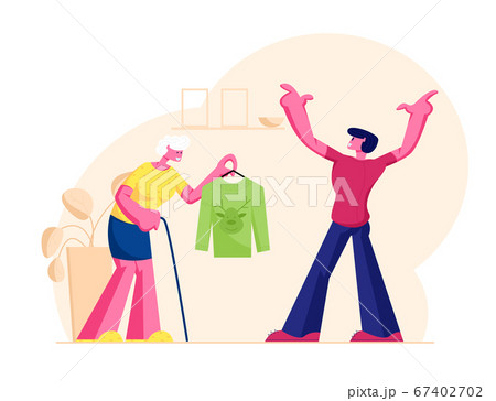 Senior Woman Grandmother with Walking Cane Presenting Traditional Knitted Sweater with Reindeer Head Print to Adult Grandson on Christmas Holidays, Gift for Xmas. Cartoon Flat Vector Illustration Senior Woman Grandmother with Walking Cane Presenting Traditional Knitted Sweater with Reindeer Head Print to Adult Grandson on Christmas Holidays, Gift for Xmas. Cartoon Flat Vector Illustration 67402702