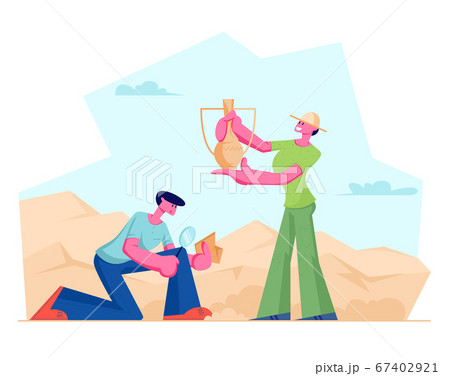 Archeologists Found Ancient Items Crock Jug, Scientists Working on Excavations or Digging Soil Layers and Exploring Artifacts 67402921