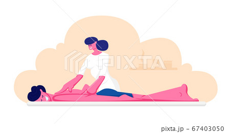 Young Male Character Lying on Table Receiving Relaxation Back Massage in Spa Center. Man Patient Get Body Care and Treatment Young Male Character Lying on Table Receiving Relaxation Back Massage in Spa Center. Man Patient Get Body Care and Treatment 67403050