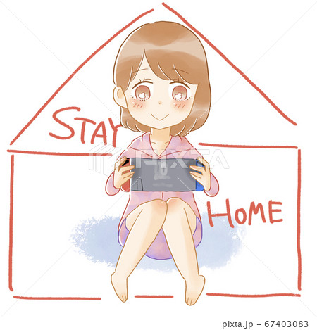 ステイホーム ゲームで遊ぶ女性 部屋着のイラスト素材