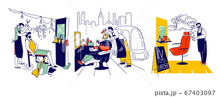 Male Characters at Street Barber, Beauty Service Stylist in Apron with Haircut Tools Cut Client Hair or Beard in Outdoor Barbershop, People in Gentlemanly Haircutting Salon. Linear Vector Illustration Male Characters at Street Barber, Beauty Service Stylist in Apron with Haircut Tools Cut Client Hair or Beard in Outdoor Barbershop, People in Gentlemanly Haircutting Salon. Linear Vector Illustration 67403097