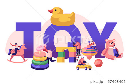 Childhood Activity Concept. Tiny Characters Playing with Huge Baby Toys and Different Playthings for Children on Kindergarten Playground Poster Banner Flyer Brochure. Cartoon Flat Vector Illustration 67403405