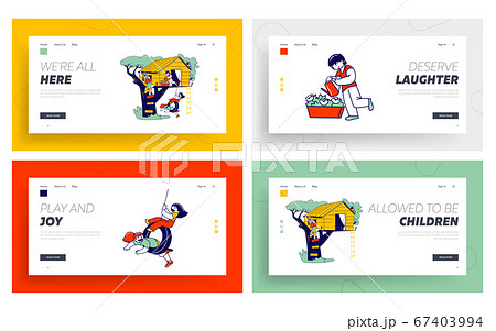 Children Characters on Tree House Landing Page Template Set. Little Girls and Boys Playing on Treehouse 67403994