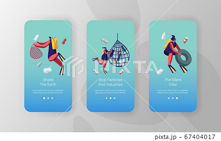Wastes Floating in Ocean Water. Ecology Protection Mobile App Page Onboard Screen Set Divers Collecting Trash into Basket Wastes Floating in Ocean Water. Ecology Protection Mobile App Page Onboard Screen Set Divers Collecting Trash into Basket 67404017