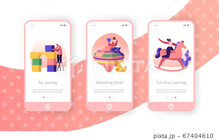 Childhood Activity Mobile App Page Onboard Screen Set. Characters Building Constructor Blocks, Riding Wooden Horse Play with Whirligig Concept for Website or Web Page, Cartoon Flat Vector Illustration 67404610
