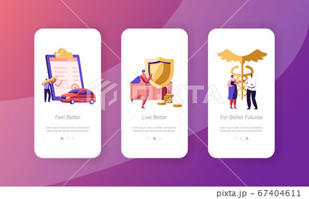 Property, Car and Health Medical Insurance Mobile App Page Onboard Screen Set. Insurance Policy Paper for Auto, Home, Life 67404611