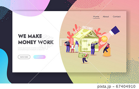 Ubi, Universal Basic Income Landing Page Template. Tiny Characters around of Huge House Made of Currency Bills. Hand Giving Coin to Man. People Earn Money, Family Needs. Cartoon Vector Illustration 67404910