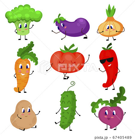 Cartoon Color Cute Vegetables Icons Set Vectorのイラスト素材