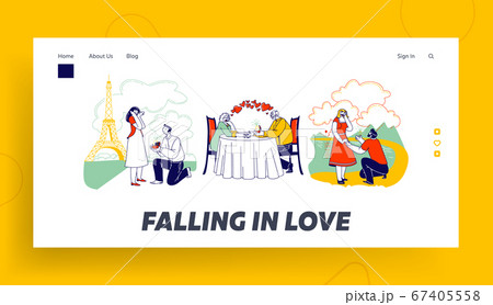 Young and Senior Characters Proposing Ring. Landing Page Template. Man Stand on Knee Make Proposal Ask Marry in Park, Paris or Restaurant. Love Engagement Marriage. Linear People Vector Illustration 67405558