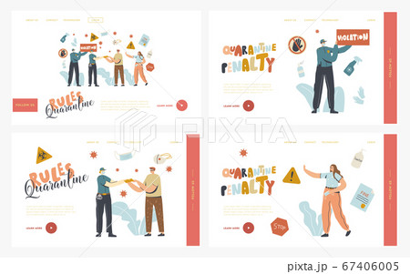 Quarantine Penalty Landing Page Template Set. Policemen Characters Check People on Street at Covid19 Pandemic Quarantine Penalty Landing Page Template Set. Policemen Characters Check People on Street at Covid19 Pandemic 67406005