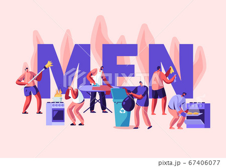 Men at Household Activities Concept. Sweeping Floor, Cleaning Home, Ironing, Throw Garbage, Cooking. Housekeeping Duties 67406077