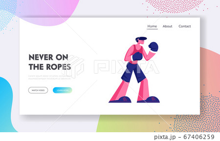 Male Character Boxer Stand in Fighting Pose Take Part in Competition Website Landing Page. Athletic Man in Sportswear and Boxing Gloves Stand on Ring Web Page Banner. Cartoon Flat Vector Illustration 67406259