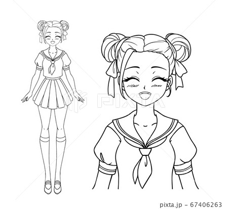 Smiling manga girl with closed eyes and two pigtails wearing japanese school uniform. Hand drawn vector illustration. Isolated on white background. 67406263