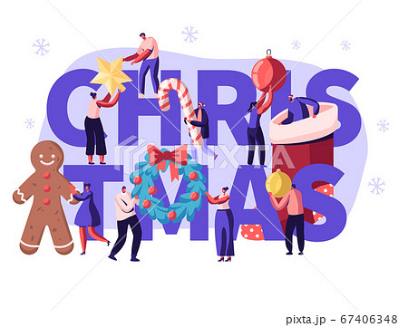 Christmas Season Concept with Tiny People Characters Prepare for Xmas Celebration Decorate Home, Presents and Treats. Winter Holidays Poster, Banner, Flyer, Brochure. Cartoon Flat Vector Illustration 67406348