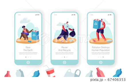Environmental Pollution Problem Mobile App Page Onboard Screen Set Multiracial Volunteers Pick Up Litter in Bags with Recycle Sign Environmental Pollution Problem Mobile App Page Onboard Screen Set Multiracial Volunteers Pick Up Litter in Bags with Recycle Sign 67406353