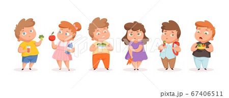 Fatty children on diet. Overweight kids eating vegetables and fruits. Isolated unhappy teens vector illustration 67406511