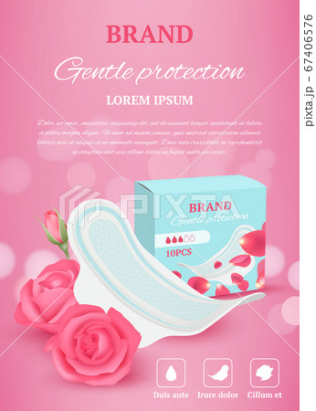 Ladies tampon ads. Woman hygiene products advertizing placard soft fresh pads or tampon for daily comforting sanitary activities vector realistic 67406576